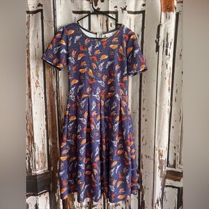 LulaRoe Amelia medium multi color bird fit and flare knee length dress pockets